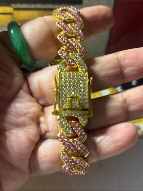 8” Gold-Tone Pink Crystal Cuban Link Bracelet with Pavé Center